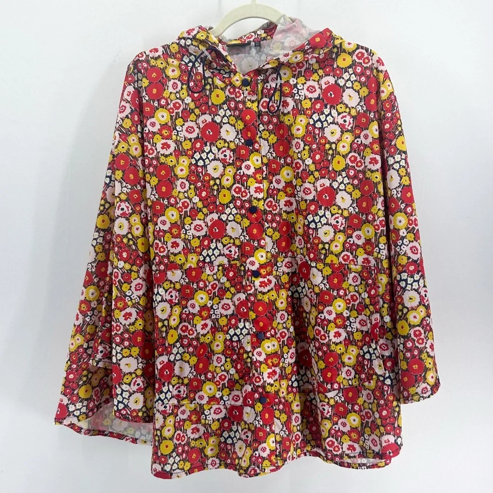 Kate Spade Saturday Red Floral Hooded Waterproof Rain Poncho Jacket